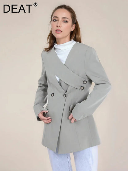 DEAT Fashion Blazer pour femme, col en V, déconstruction, bouton latéral, taille, manches longues, veste de costume grise, printemps 2024, nouvelle tendance CPDB002