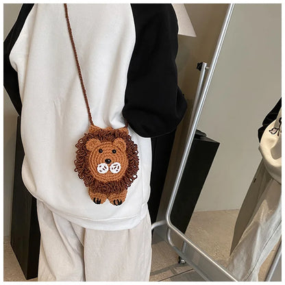 Cute Little Lion Bag For Girls Women's Funny Mobile Phone Coin Purse Winter Knitting Shoulder Crossbody Bag