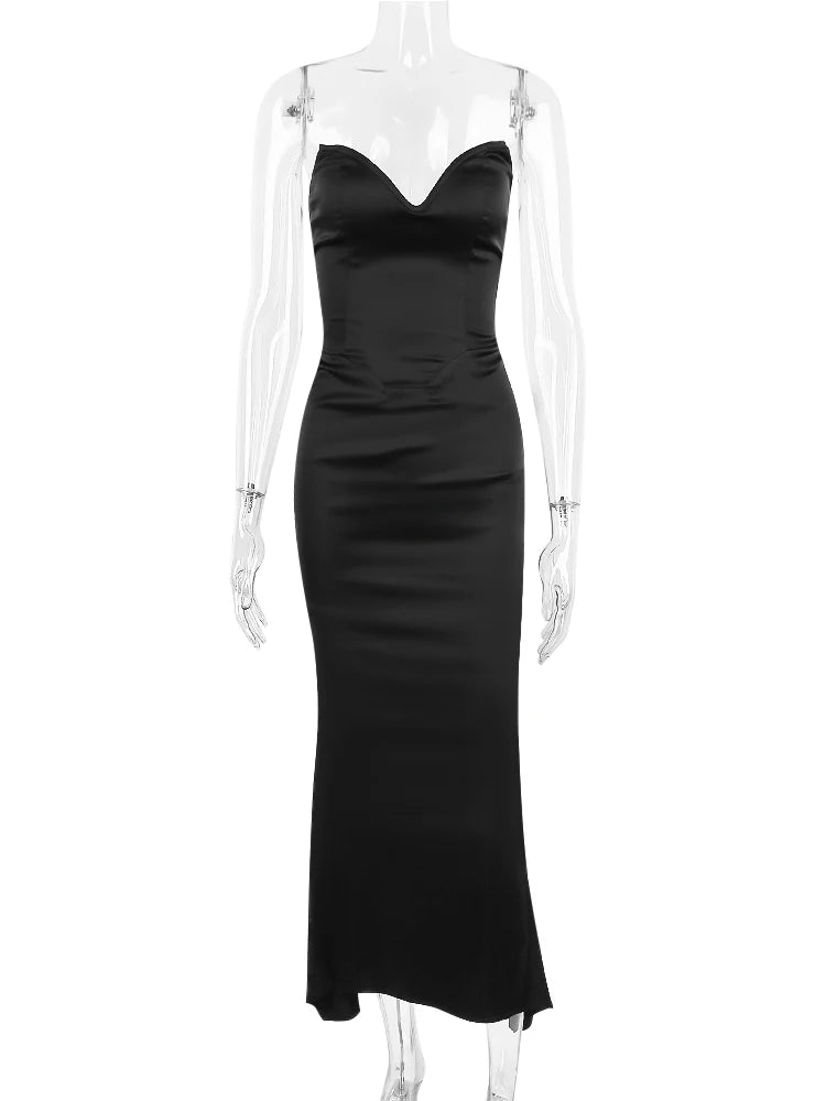 Suninheart - Vestido largo de sirena sin tirantes para mujer, ropa de fiesta, elegante vestido de cóctel negro de doble capa 2023