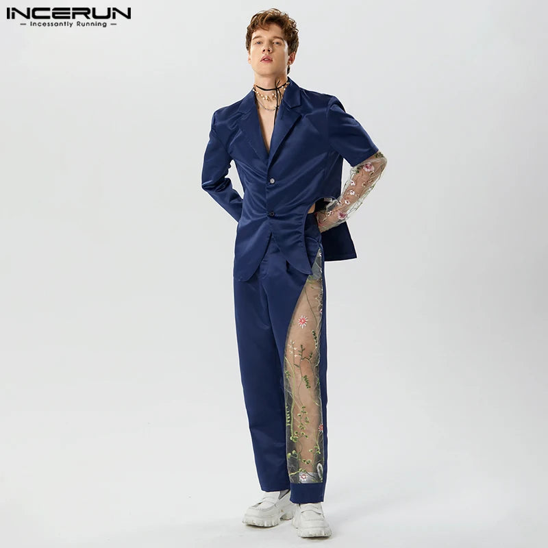 2023 Fashion Men Sets Embroidery Mesh Patchwork Lapel Long Sleeve Blazer & Pants 2PCS Streetwear Men Casual Suits S-5XL INCERUN