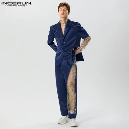 2023 Fashion Men Sets Embroidery Mesh Patchwork Lapel Long Sleeve Blazer & Pants 2PCS Streetwear Men Casual Suits S-5XL INCERUN