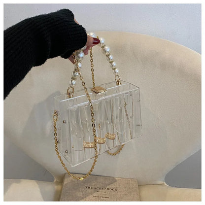 Bolso de mano transparente de acrílico para mujer, bolso cruzado transparente con correa de cadena de perlas extraíble