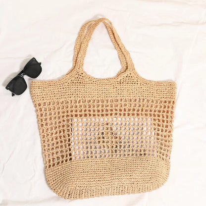 Bolso de mano informal de paja hueca de gran capacidad, tejido a mano, para mujer, bolsos de hombro grandes para playa de verano, bolsos tipo shopper Bali