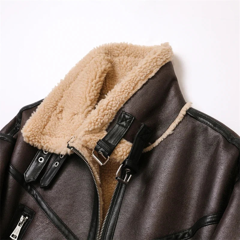 suninheart 2023 Femme Mode Épais Chaud Faux Shearling Veste Manteau Vintage À Manches Longues Ceinture Ourlet Femme Vêtements D'extérieur Chic Hauts