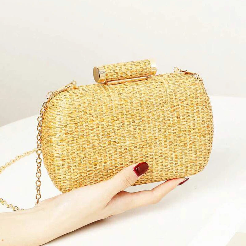 Fashion Mini Minimalist Braided Design Straw Bag Summer Party Purses Vintage Beach Bags Box Chains Shoulder Crossbody Bag 2024