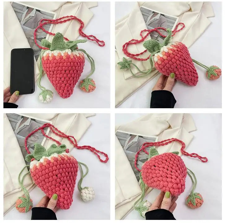 Lindo bolso pequeño de verano tejido con fresas, bolso bandolera pequeño tipo cubo para niñas