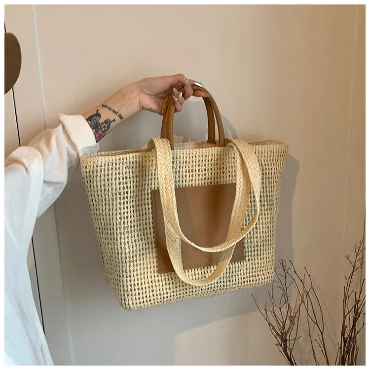 Casual Large Capacity Straw Tote Bag Hollow Paper Weave Women Shoulder Bags Handmade Summer Beach Handbag Big Bali Shopper Purse