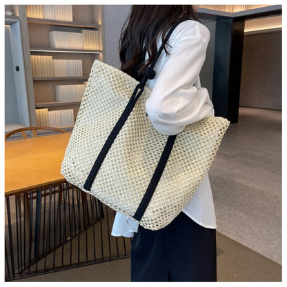 Casual Hollow Out Large Capacity Straw Tote Bag Weave Women Shoulder Bags Handmade Summer Beach Handbags Big Shopper Purses 2024