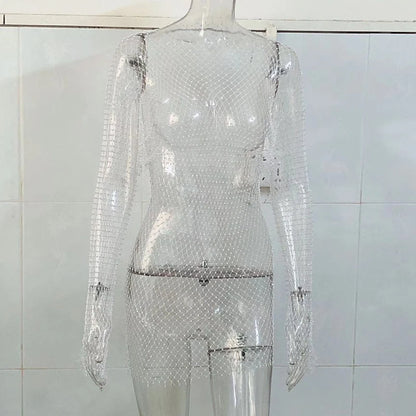 Vestido ajustado de malla transparente de manga larga con diamantes de imitación para mujer, vestido sexy transparente para discoteca, vestidos de fiesta cortos con purpurina, vestidos femeninos