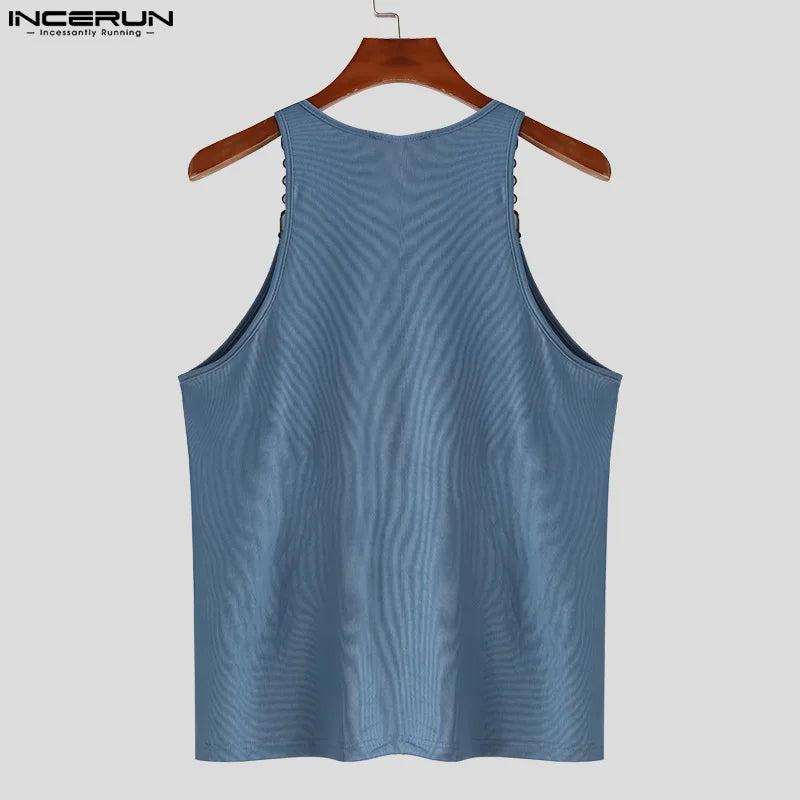 Sexy Stylish Style Tops INCERUN New Men's Metal Chain Suspender Vests Fashion Casual Streetwear Sleeveless Solid Tank Tops S-5XL