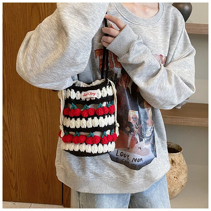 Handmade Woven Cherry Woolen Bag Fresh Fruit Woven Bag Crochet Knitted Bag Leisure String Shoulder Crossbody Bag 2024 New