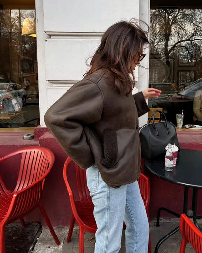 Abrigo de invierno Suninheart para mujer 2023, abrigo de solapa gruesa de piel sintética, chaqueta de PU cálida para mujer, chaquetas de calle con bolsillos