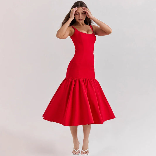 Suninheart Vestido Midi de Fiesta 2024 Recién Llegados Vestido Elegante con Dobladillo y Tirantes Finos Rojos Vestidos Casuales para Fiestas de Cumpleaños