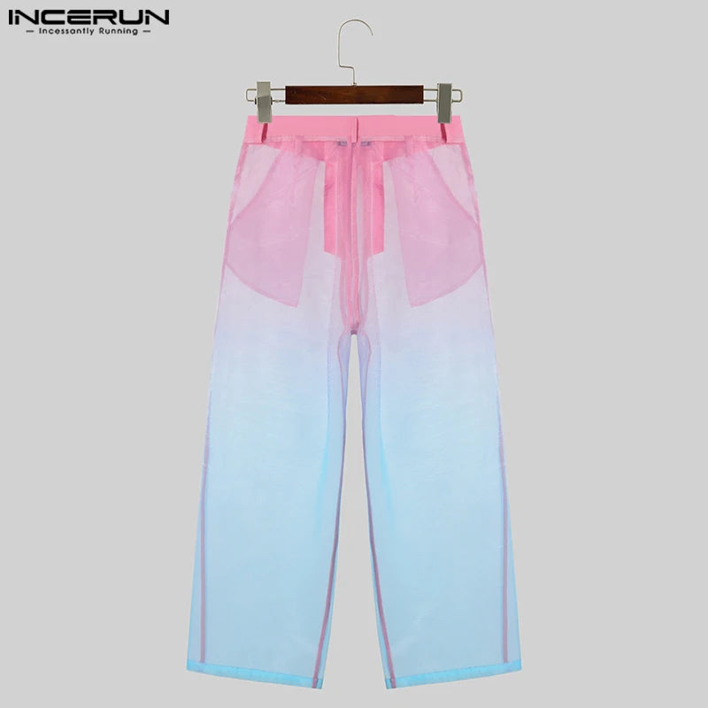 2024 Hommes Pantalons Maille Transparent Bouton Lâche Tie Dye Streetwear Pantalon Hommes Sexy Mode Décontracté Homme Pantalon Long S-5XL INCERUN