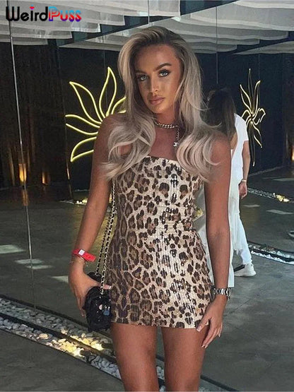 Vestido sexy con estampado de leopardo y gatito extraño para mujer, con lentejuelas, estilo hipster, a la moda, ajustado, elástico, para fiesta de medianoche, para discoteca, ajustado