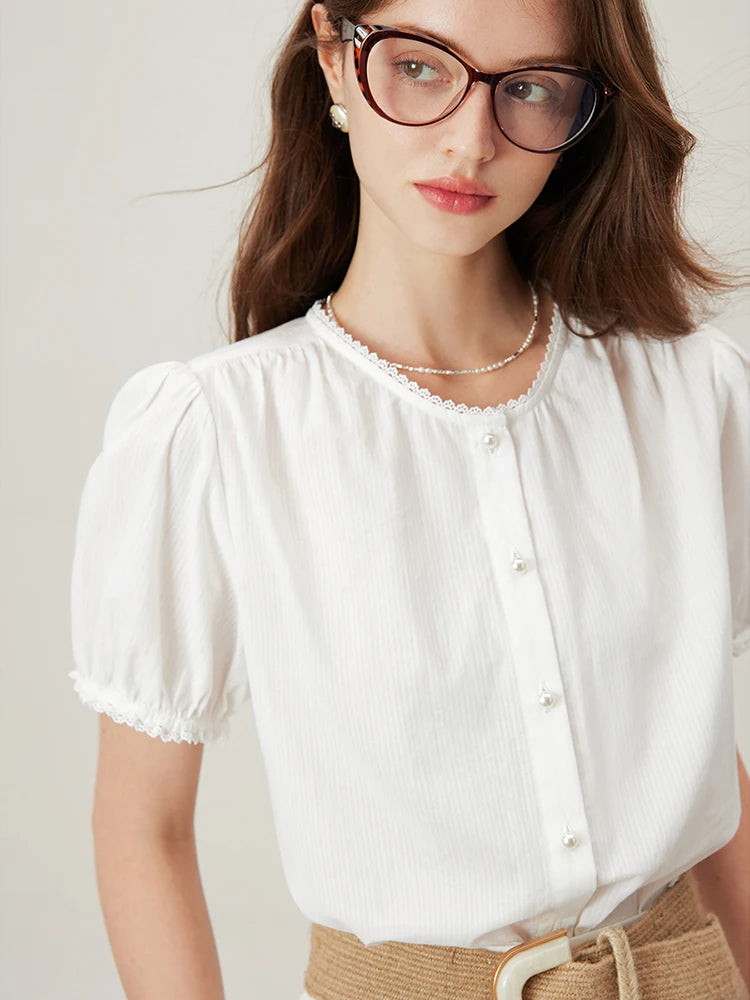 FSLE Lace Round Neck Women Summer Temperament Short Puff Sleeve White Blouses 100% Cotton Blue Single Breasted Shirt 24FS12886