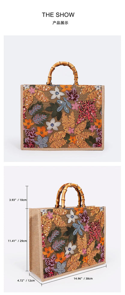 Bolsos de mano grandes con bordado de lentejuelas de moda, bolsos de mano con asa de bambú para mujer, bolsos de playa de verano con flores y paja, bolsos grandes para compras 2024