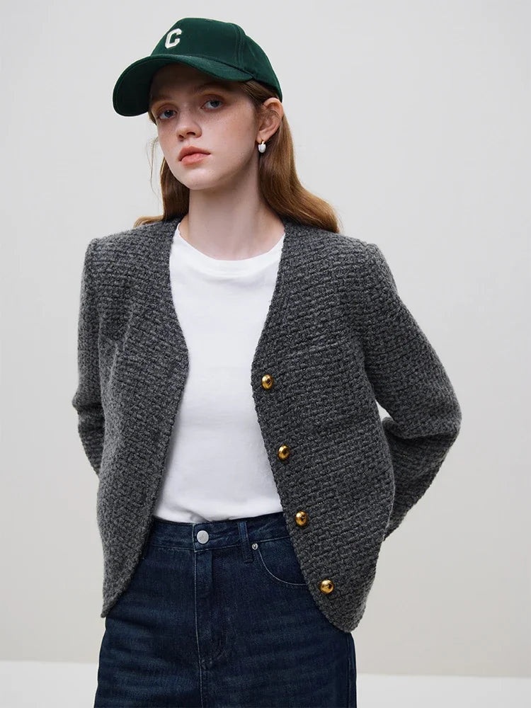 FSLE Office Lady French Style Fragrance Jacket Women's Autumn Winter 2023 New Wool Tweed Jacket For Women Grey Casual Coats