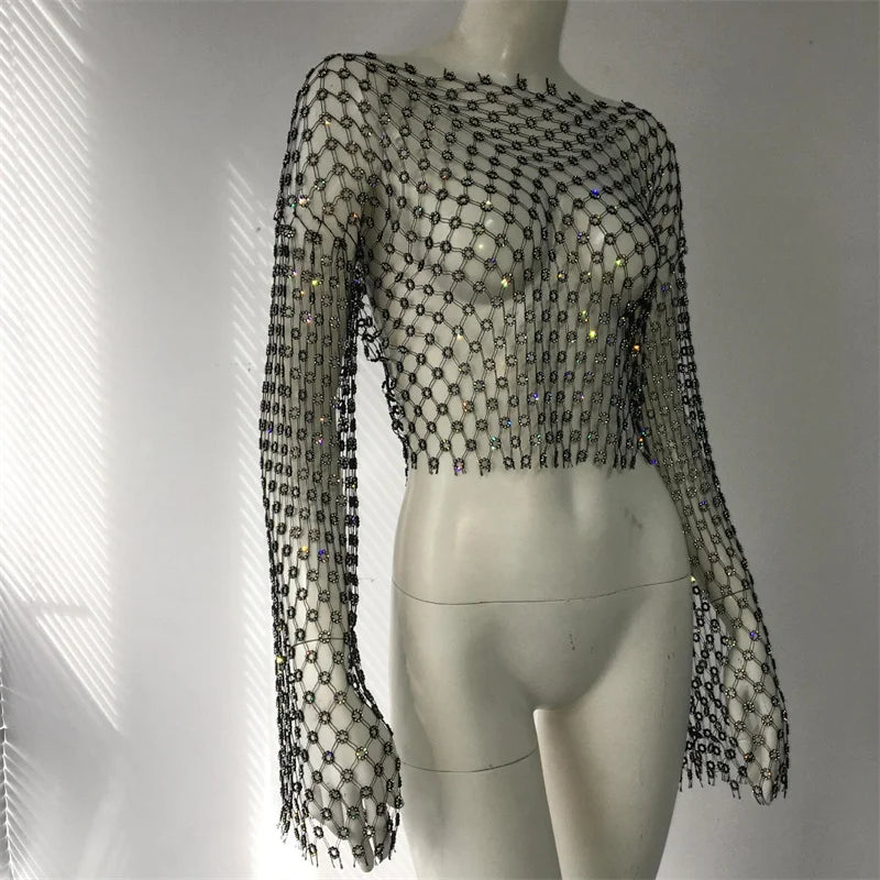 Camiseta de malla transparente con diamantes para mujer, remera holgada de manga larga con rejilla ahuecada y diamantes de imitación para fiesta en la playa