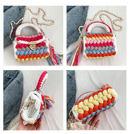 Fashion Colorful Crochet Women Handbags Trend Handmade Woven Chains Shoulder Crossbody Bag Small Flap Female Purses 2024