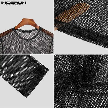 Hauts de style boîte de nuit de fête INCERUN Nouveaux hommes paillettes maille transparente Camiseta Sexy mâle tout-match à manches longues mince T-shirts S-5XL