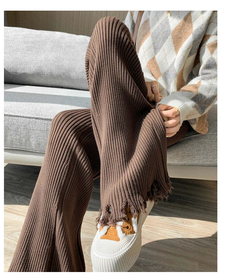 Suninheart Tassels Wide Leg Knitted Pants Women Winter Stripe Loose Trousers Femme Casual Full Length Warm Sweater Pants 2022