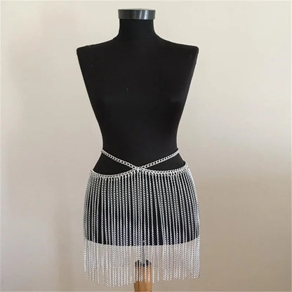 Faldas sexis Y2K de verano para mujer, con lentejuelas de metal en la parte inferior, para festivales, rave, minifalda con borlas de diamantes de imitación brillantes, cadena en la cintura, ropa para discoteca