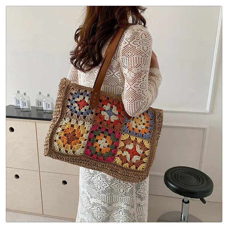 Sacs à bandoulière en paille pour femmes, style bohème, grand-mère, sacs à main décontractés en tissage, sac de plage d'été fait à la main, sac fourre-tout de grande capacité