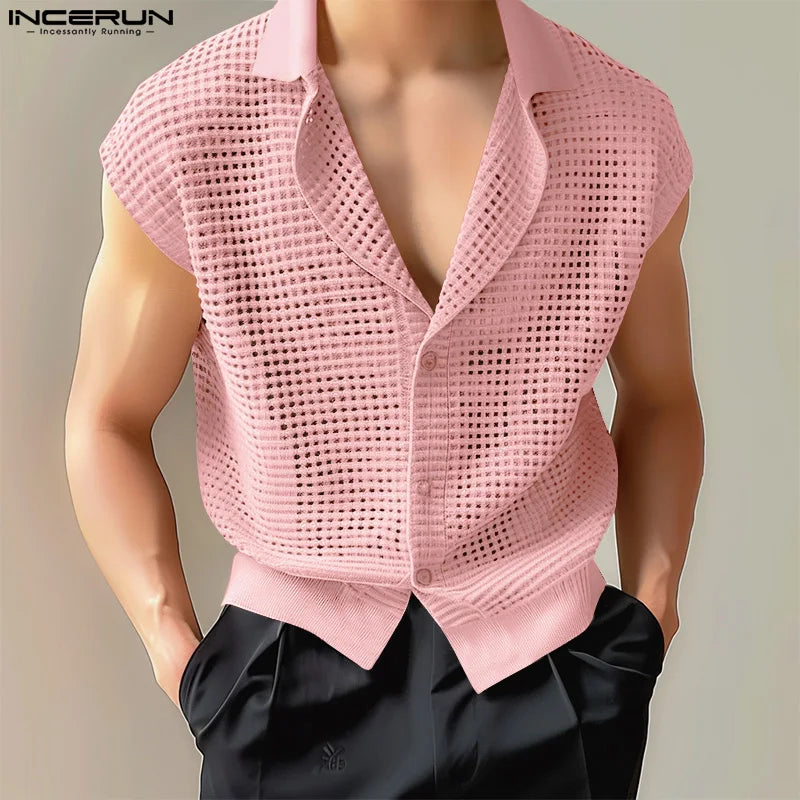 Chemise pour homme 2024, ajourée, maille transparente, solide, revers, sans manches, vêtements d'été pour hommes, streetwear, gilets décontractés, chemises INCERUN