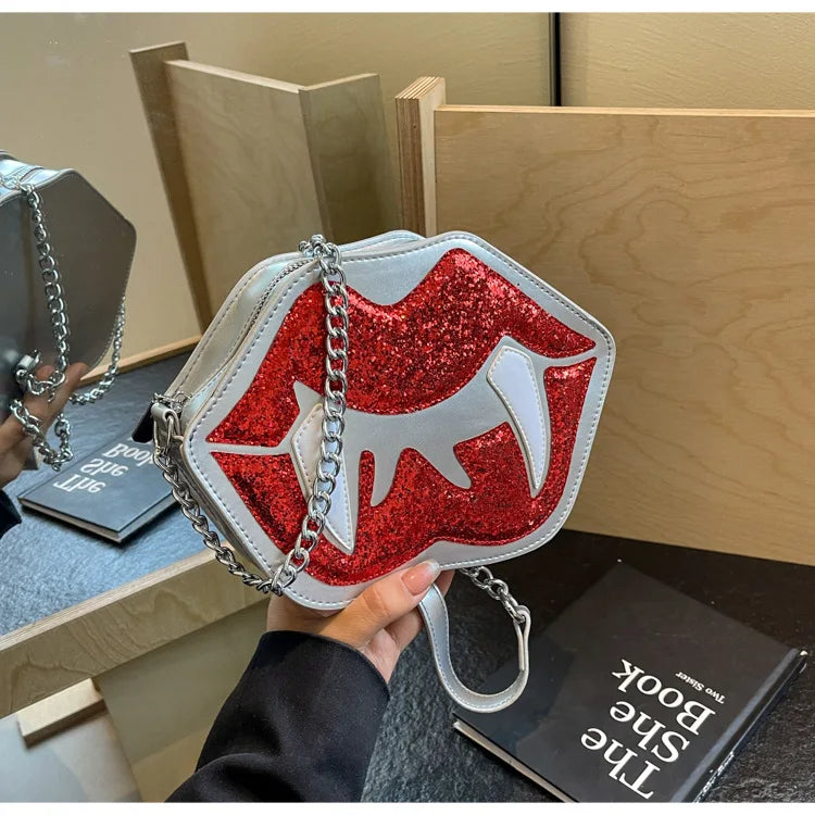 Bolsos cruzados pequeños para mujer, bolso de mano con lentejuelas, moda femenina, lindo bolso de cadena con boca roja, nuevo bolso de hombro 2024 para mujer