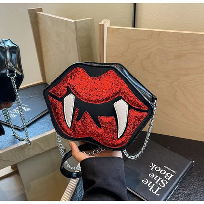 Cute Small Bag for Women 2024 New Summer Cartoon Funny Big Lips One Shoulder Chain Small Round Bag