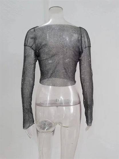 Camiseta de mujer con cristales brillantes y malla transparente con diamantes de imitación, top corto sexy transparente de manga larga ajustado para mujer, ropa de club