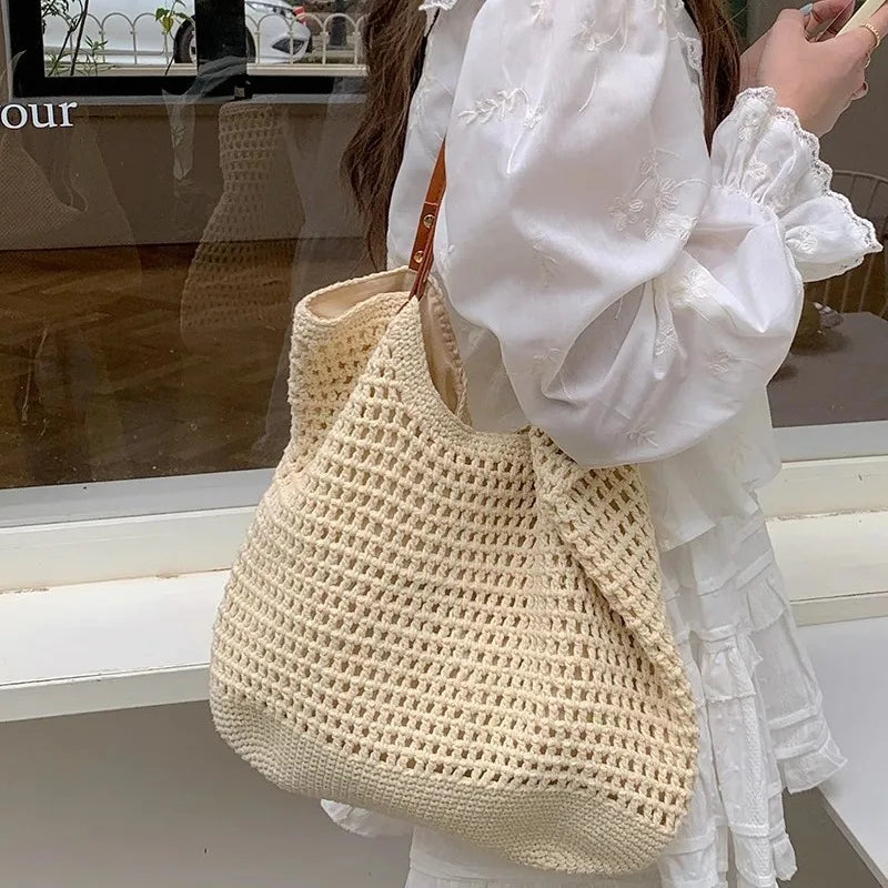 Casual Hollow Out Large Capacity Tote Bag Milk Cotton Weave Women Shoulder Bags Handmade Summer Beach Bag Big Bali Shopper Purse