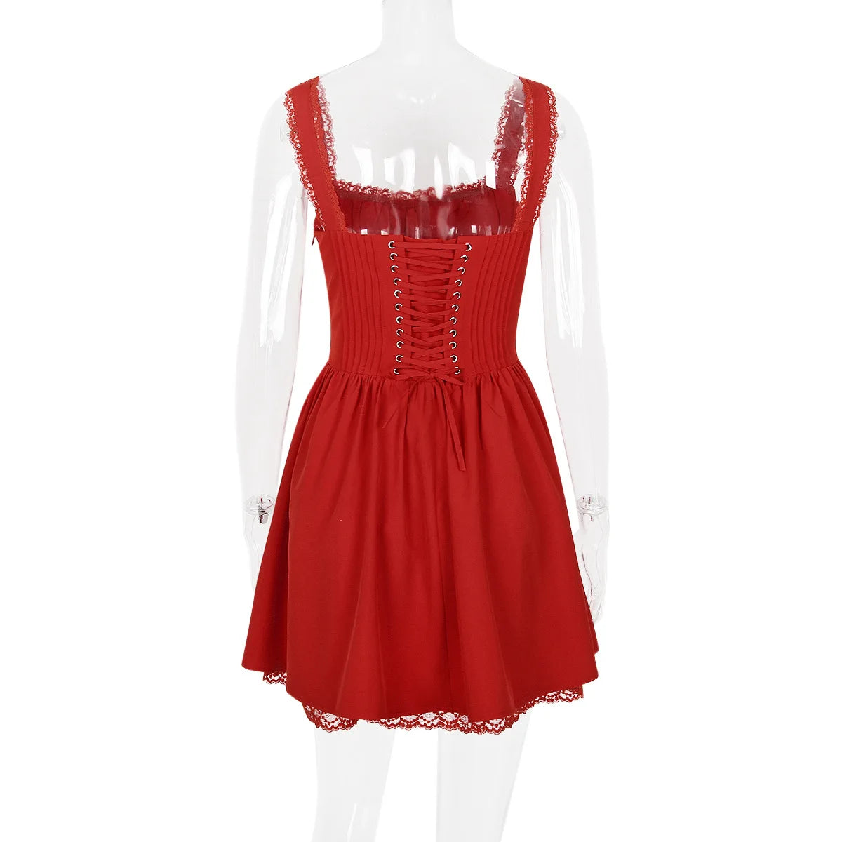 Suninheart Summer Dresses for Women 2023 Red Spaghetti Strap A Line Dress Lovely Elegant Lace Up Party Dress Mini Vacation Dress