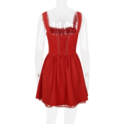 Suninheart Summer Dresses for Women 2023 Red Spaghetti Strap A Line Dress Lovely Elegant Lace Up Party Dress Mini Vacation Dress