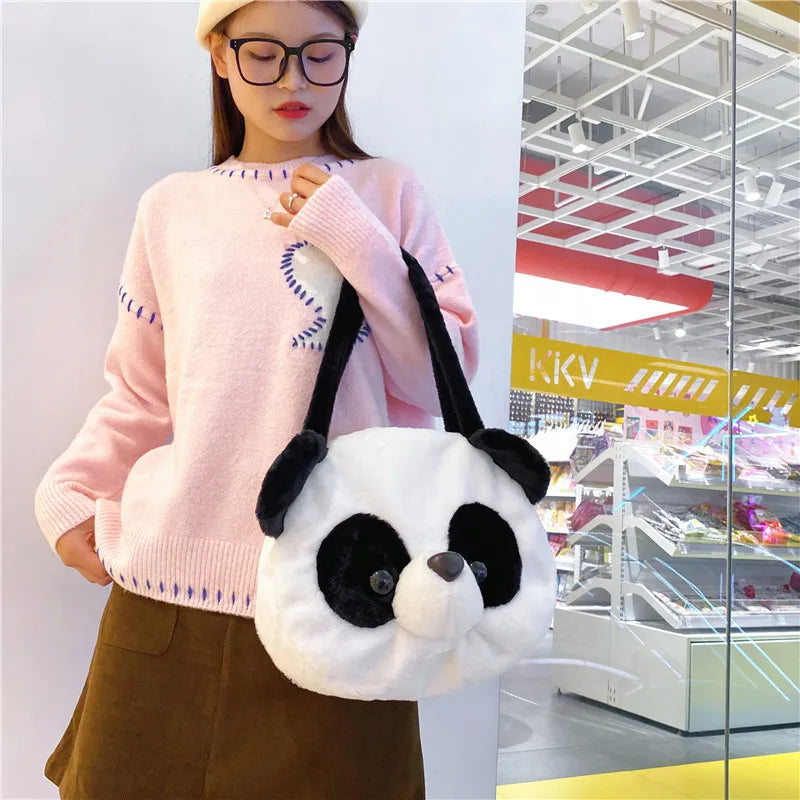 Bolsos de hombro de peluche para adolescentes, diseño kawaii, con forma de cabeza de panda, elegantes y suaves, para compras, portátiles