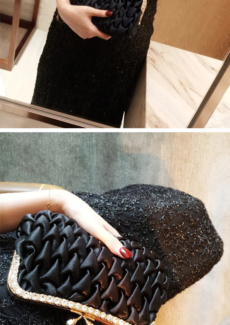 Women Evening Bag Classical Black Clutch Bag Rhinestone Satin Banquet Bag Bride Clutch Bag