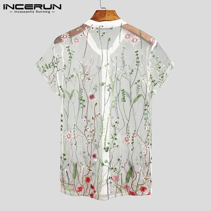 2023 Fashion Men Mesh Shirts Embroidered Short Sleeve Sexy See Through Tops Button Breathable Party Nightclub Shirts INCERUN 5XL