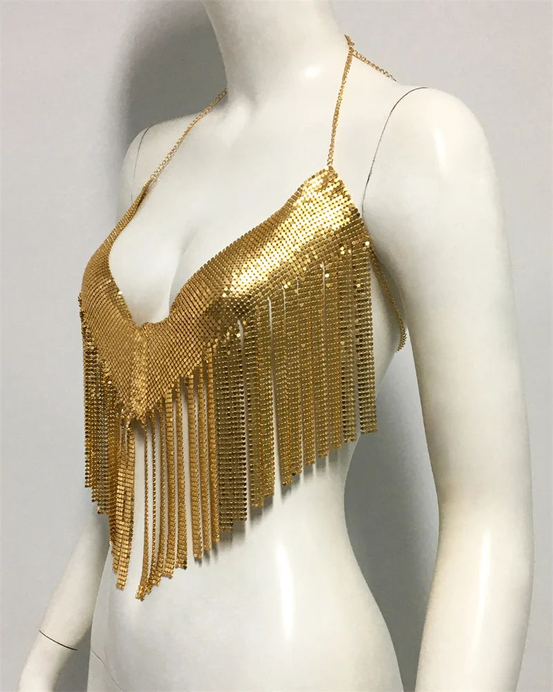 Top corto de fiesta con borlas y lentejuelas metálicas brillantes para mujer, diseño de cuello halter sin espalda, camisetas sin mangas de metal con lentejuelas, ropa de club nocturno