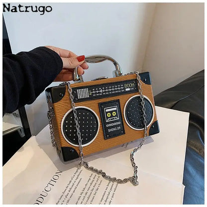 Bolso bandolera con forma de radio vintage exclusivo para mujer, bolso de hombro con cierre de clip