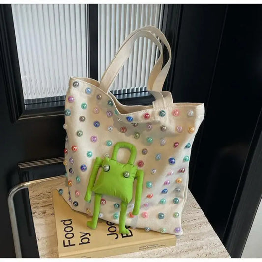 Bolso de mano de lona pequeño para mujer 2024, bolso de mano de diseñador para niñas, moderno bolso de hombro con decoración de perlas de colores