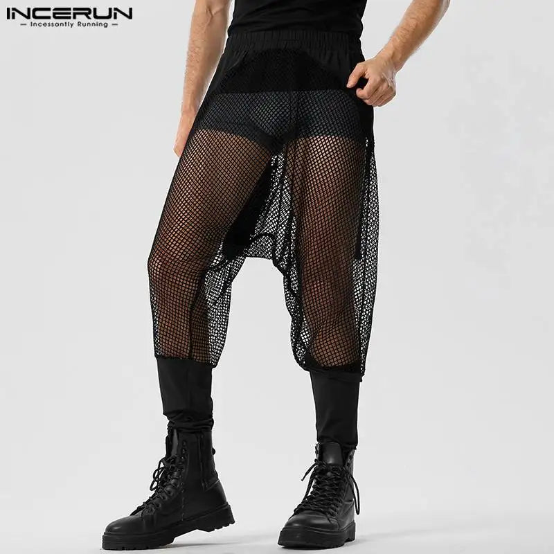 Pantalones nuevos para hombre con estilo sexy INCERUN 2024, pantalones de malla transparente con parches, pantalones elásticos con perspectiva informal, tallas S-5XL