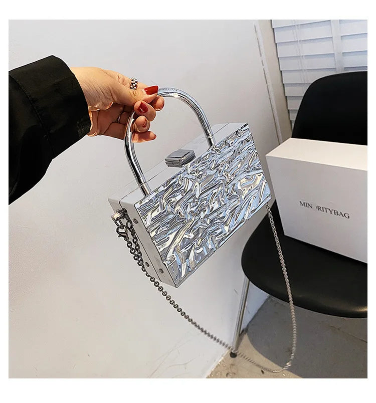 Silver Square Chain Party Clutch Fashion Purses and Handbags for Women Chic Designer Brand Shoulder Bag Crossbdoy Bag Female