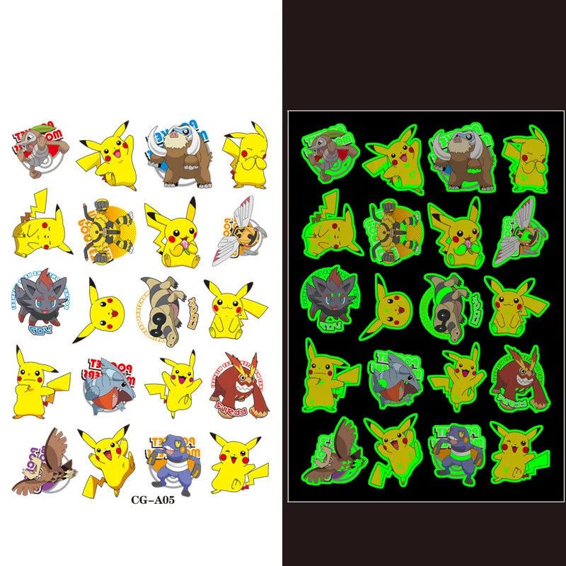 1Pcs/3Pcs/6Pcs Autocollants de tatouage Pokémon Pikachu lumineux non répétitifs Jouets de dessin animé Tatouages ​​temporaires pour enfants Cadeau pour enfants