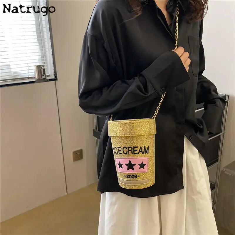 Funny cute cup shape shoulder bag icea cream letter printing bucket bag ladies crossbody messenger bag female purse handbag