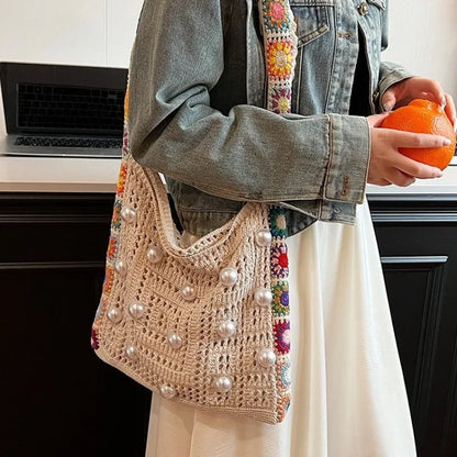 Casual Hollow Out Pearls Knitted Women Shoulder Bag Weave Crossbody Bags Bohemian Summer Beach Large Capacity Shopper Purse 2024