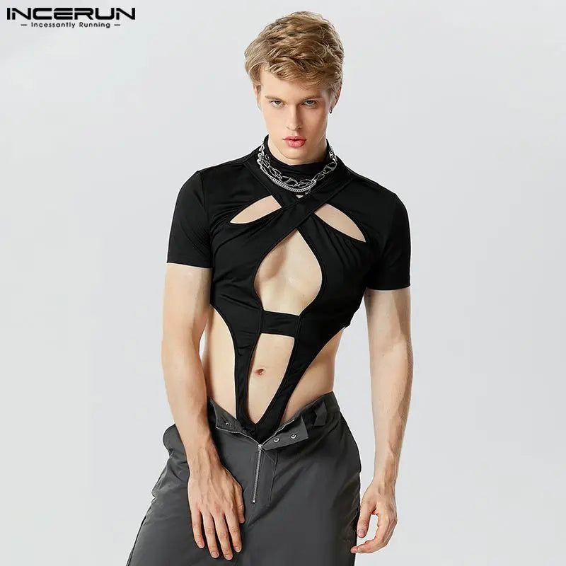 Fashion Men's Homewear Jumpsuits INCERUN 2024 Symmetric Hollow Design Short Sleeve Half High Neck Solid Triangle Bodysuits S-5XL