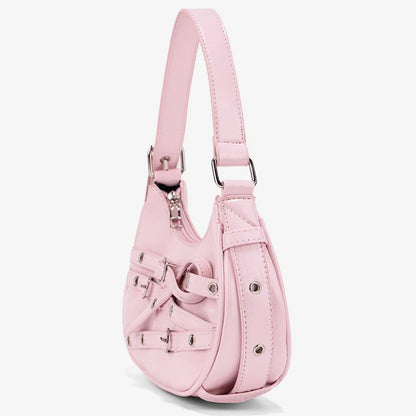 Fashion Belts Deco Halfmoon Women Shoulder Bags Punk Pink Color Handbags  Pu Leather Y2K Crossbody Bag Small Female Purses 2024