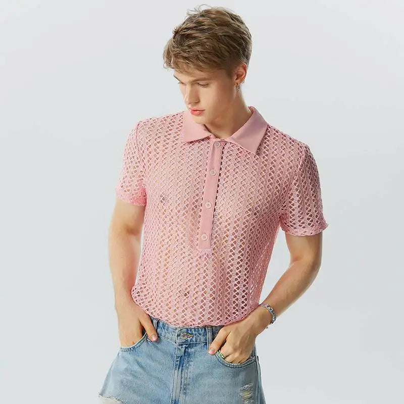 Camisa de moda para hombre, de malla transparente, con solapa hueca, de manga corta, ropa de calle para hombre 2023, camisas sexis de color sólido S-5XL INCERUN