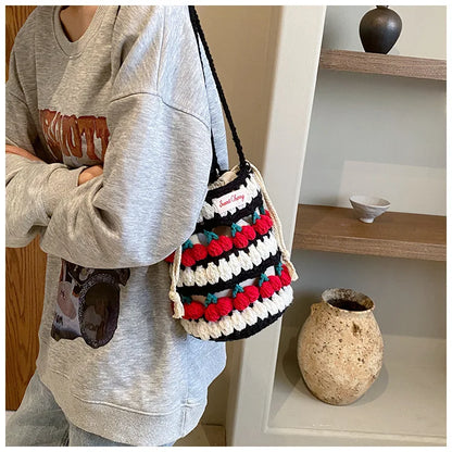 Handmade Woven Cherry Woolen Bag Fresh Fruit Woven Bag Crochet Knitted Bag Leisure String Shoulder Crossbody Bag 2024 New